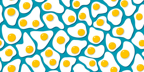 Many fried eggs on blue background, food in the flat style, abstract vector design seamless pattern