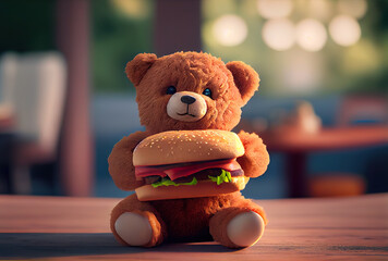 Cute teddy bear holding a cheeseburger, perfect for kids' meal promotions and toy store marketing. generative ai