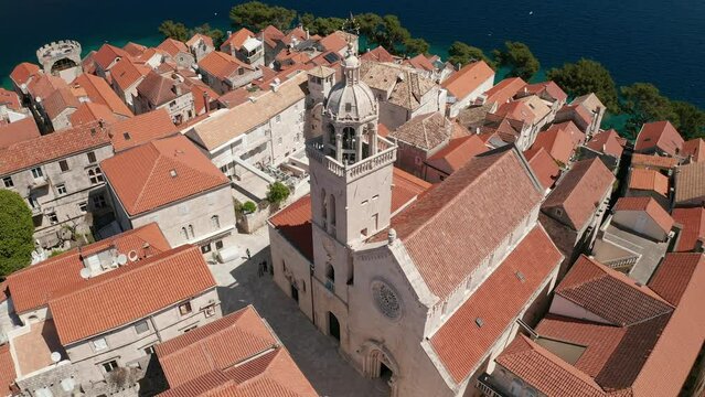 Korcula Old medieval town cathedral aerial shot