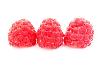Three raspberries in a row, isolated white background.