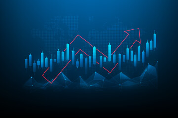 business stock graph increase with arrow up technology. investment graph growth on blue dark background. stock market trading success. candlestick arrow income economy increase. vector illustration.