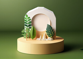 Fototapeta Product banner, podium platform with geometric shapes and nature background, paper illustration, and 3d paper. Generating Ai. obraz