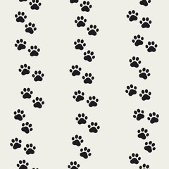 Fototapeta na wymiar Paw seamless pattern. Reflected cat or dog background. Footprint design for prints. Reflecting walking patern. Marks printing. Repeat steps printed. Abstract foot track texture. Vector illustration
