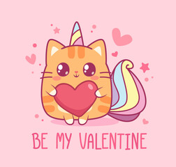 Red Cat unicorn with heart on Valentine's Day card design. Be My Valentine cute greeting card template with Cat Unicorn. Phrase in card for Valentine's Day and holiday greetings