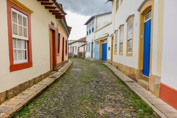 Fototapeta na wymiar ancient architecture and facades of colonial city of Sao Joao del Rei, Minas Gerais state in Brazil