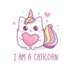 Baby Caticorn kitten or White Cat Unicorn hold heart with hand drawn slogan " I am a Caticorn " for kids print design