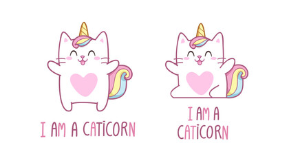 Cute Cat Unicorn characters. Doodle style baby Caticorn kitten or Cat Unicorn with slogan for kids prints, poster, card design. Editable vector
