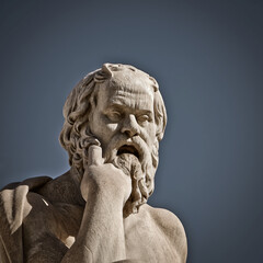 Socrates, the Greek philosopher with a thoughtful expression portrait, marble statue detail....