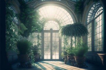 magical conservatory day light digital background. Generative Ai