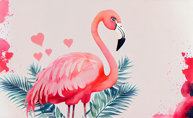 Watercolor Pink flamingo in water, Valentine's day, AI Generated