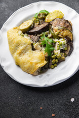 casserole vegetable eggplant, zucchini, green peas, cheese, bechamel sauce vegetables lasagne meal food snack on the table copy space food background rustic top view