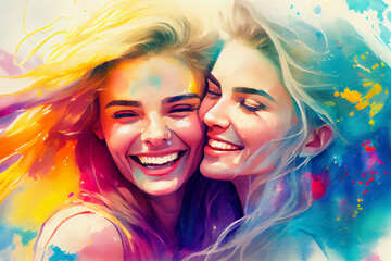 Two young women together, loving female couple, ai illustration
