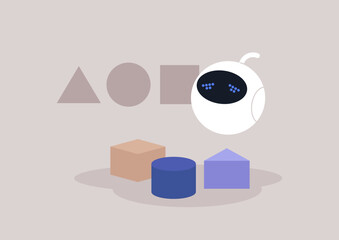 Cute upset robot trying to assemble a simple puzzle with triangle, square and round shapes