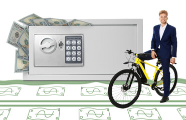 Multiplying wealth, increasing savings. Happy businessman with bicycle standing near big steel safe full of money on white background. Dollar banknotes illustrations
