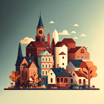 Quant European city, stylized illustration, picturesque, beautiful, simple.  Generative AI.