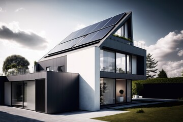 Obraz na płótnie Canvas Concept art of an architect house with solar panels on the roof. Generative ai.