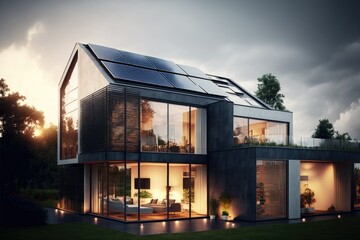 Fototapeta na wymiar Concept art of an architect house with solar panels on the roof. Generative ai.