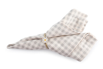 Napkin with decorative ring for table setting isolated on white, top view