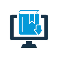 Online Library Silhouette Icon. Internet and Distance Education. Download Ebook concept. Elearning Resources. Download File, Information, Magazine or Tutorial. Vector Isolated Illustration