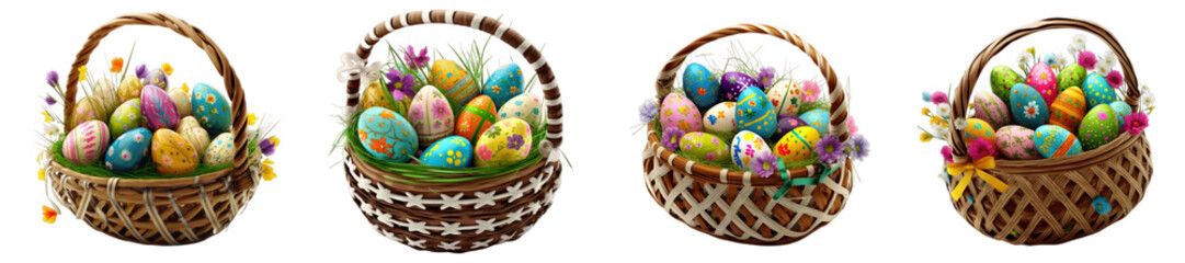 Fototapeta na wymiar Easter basket with hand painted eggs multicolored and spring flowers on a transparent or white background