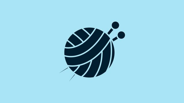 Blue Yarn ball with knitting needles icon isolated on blue background. Label for hand made, knitting or tailor shop. 4K Video motion graphic animation