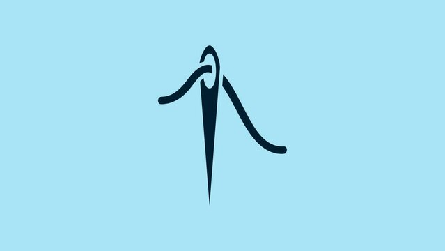 Blue Needle for sewing with thread icon isolated on blue background. Tailor symbol. Textile sew up craft sign. Embroidery tool. 4K Video motion graphic animation