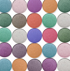 Collage of beautiful different eye shadow refill pans on white background