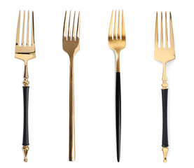 Set of shiny golden forks on white background