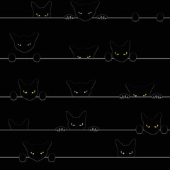Many black cats look with shining eyes, seamless vector pattern