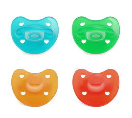 Collage of baby pacifiers in different colors on white background