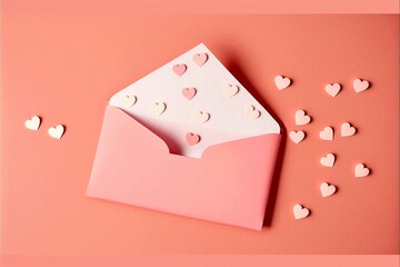 Valentine's day love letter envelope with scattered hearts, pink background, blank note, macaron color, romance, write to your loved ones, date