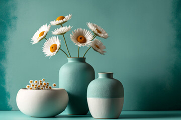 Minimal interion design with ceramic vase and dry flowers on turquoise wall. - obrazy, fototapety, plakaty
