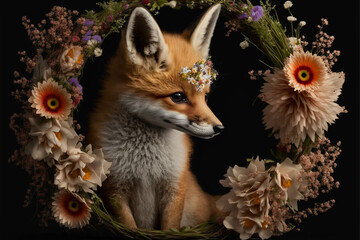 Fototapeta premium Portrait of a beautiful red fox with flower wreath.