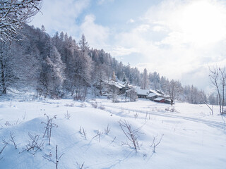 Winter in the italian Alps. Beautiful view of idyllic village in snowy forest and snowcapped mountain peaks. Piedmont, Italy.