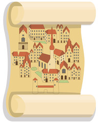 Scroll of old paper with map of an old european city, vector illustration