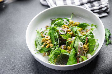 salad olive green mix lettuce leaves vegetable dish healthy meal food snack on the table copy space food background rustic top view 