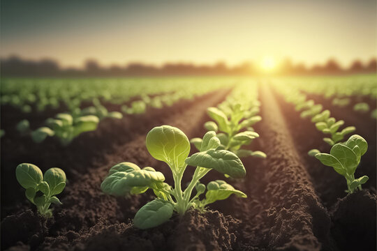 Background of young cabbage plantations grow in the field. Vegetable rows. generative AI
