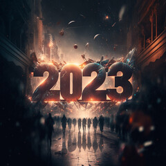 Fototapeta na wymiar New year 2023 in animated theme, Cinematic view, Wallpaper, Decoration, Posters, Digital art.