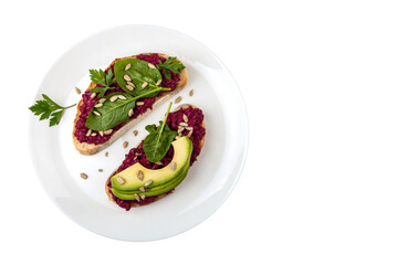 Top view healthy avocado toasts with beetroot spread breakfast lunch on isolated png background - 565113908