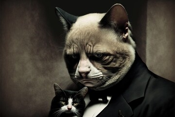 Godfadther mafia cat Portrait illustration generative ai - obrazy, fototapety, plakaty