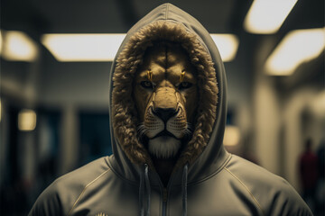 Fototapeta Portrait of a lion in a tracksuit, anthropomorphic animal illustration, AI generated art obraz