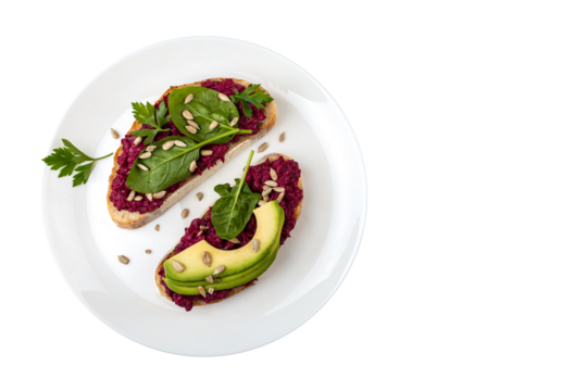 Top view healthy avocado toasts with beetroot spread breakfast lunch on isolated png background