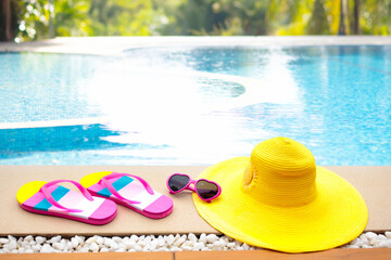 Fototapeta na wymiar Pool and beach items flat lay. Summer vacation.