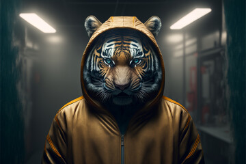 Tiger portrait in orange tracksuit, anthropomorphic animal illustration, art generated by ai