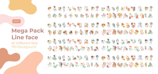 Modern abstract line minimalistic women faces arts set with different shapes for wall decoration, postcard or brochure cover design. Different woman faces. One line art. Mega pack