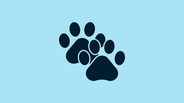 Blue Paw print icon isolated on blue background. Dog or cat paw print. Animal track. 4K Video motion graphic animation