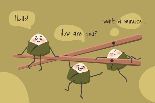 Cute onigiri with nori, chopsticks. Cartoon characters say hello.Rice balls as Japanese dish. Doodle drawn vector illustration for menu, poster, flyer, banner, cooking concept