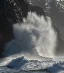 Huge wave crashing against a headland on the south Washington State coast during a king tide