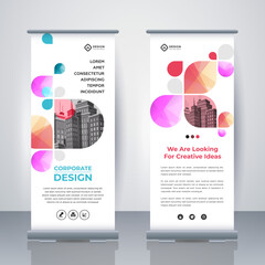 Modern Business Roll Up. Standee Design. Banner Template. Presentation and Brochure. Geometric x-banner and flag-banner advertising. Vector illustration.