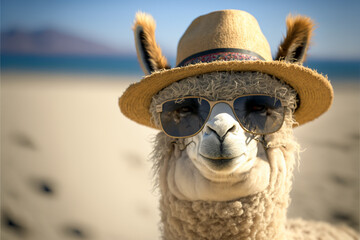 Alpaca wearing a straw hat and sunglasses on the beach. summer vacation. The concept of a vacation at the sea or the ocean. AI